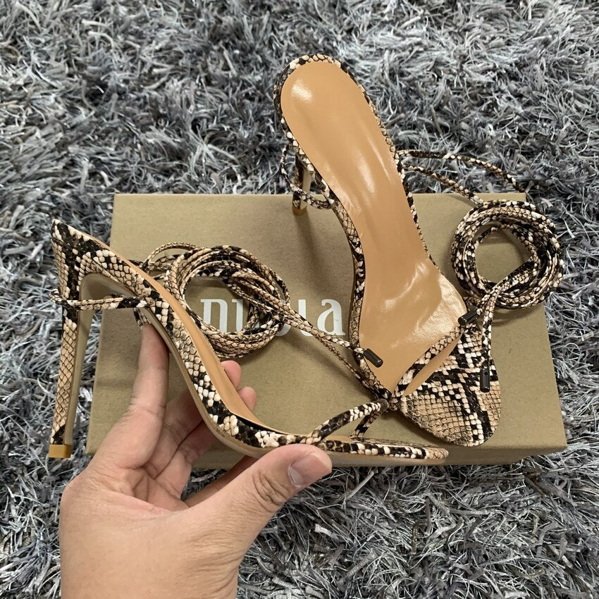 Fashion Women High Heels Sandals Summer Outside Snake Print Shoes Woman Lace-Up Cross Strap Gladiator Sandals 11CM Heels