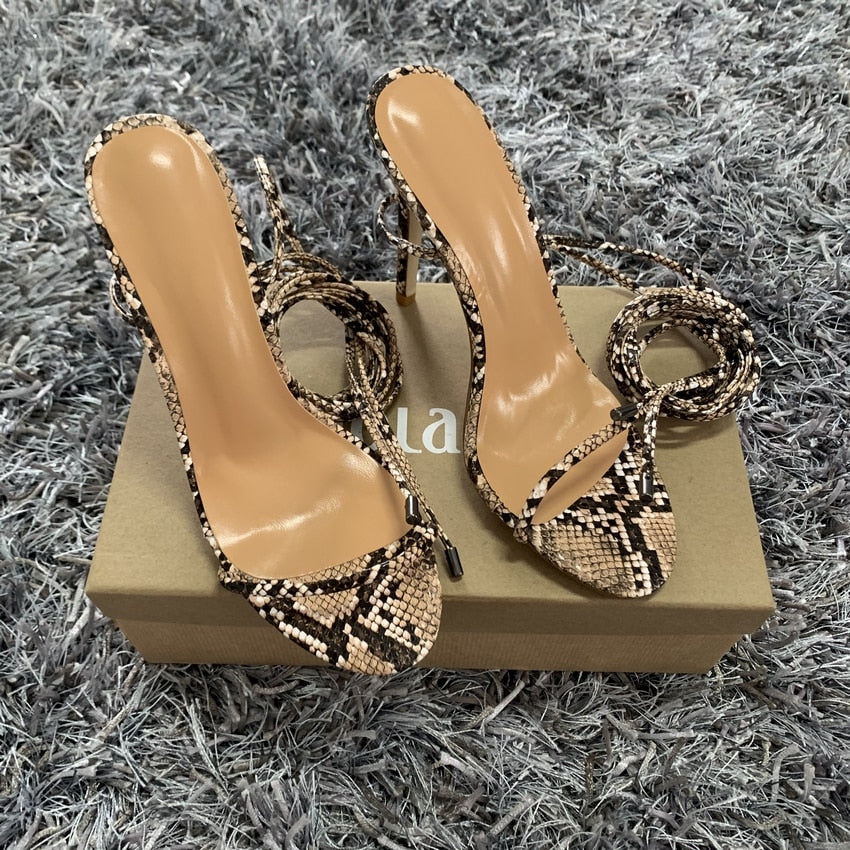 Fashion Women High Heels Sandals Summer Outside Snake Print Shoes Woman Lace-Up Cross Strap Gladiator Sandals 11CM Heels