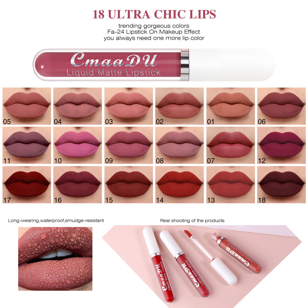 CmaaDu 18 Color Lipstick Matte Non-Stick Cup Waterproof Long Lasting Lip Gloss