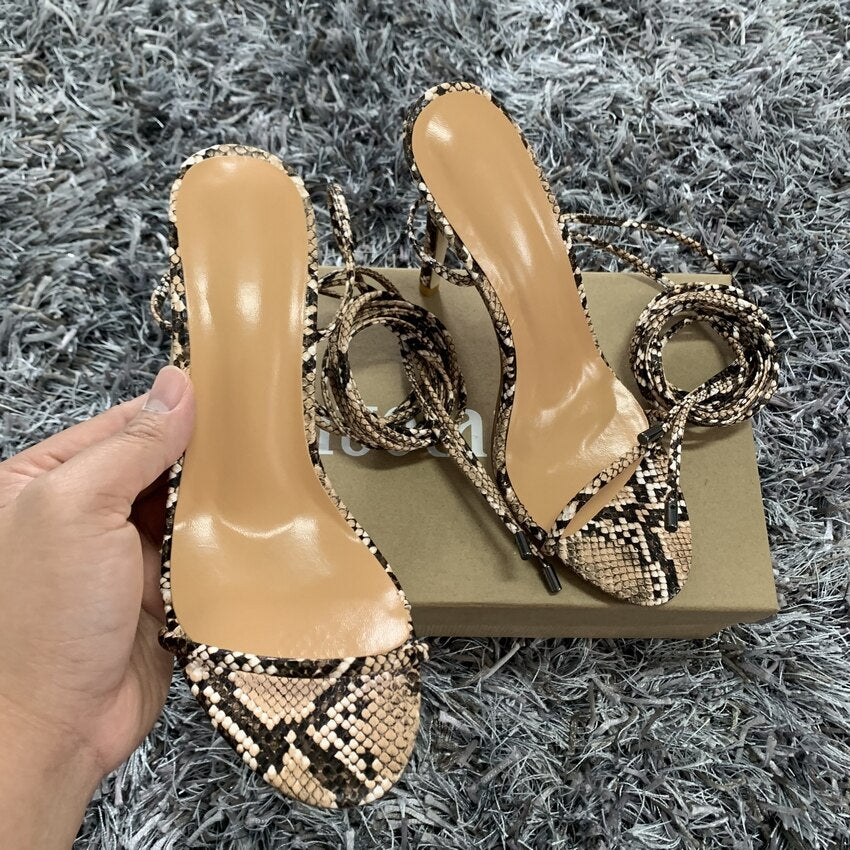 Fashion Women High Heels Sandals Summer Outside Snake Print Shoes Woman Lace-Up Cross Strap Gladiator Sandals 11CM Heels